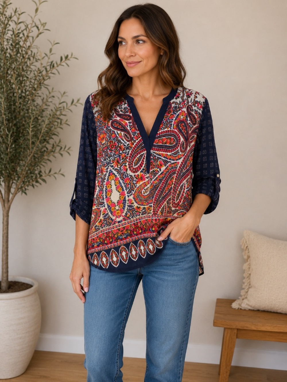 Tiny Anthropologie Boho Paisley Blouse Women’s LG Navy Floral Peasant Top